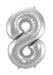 Silver foil number 8 balloon with a shiny metallic finish and ribbed texture, shown inflated against a white background.
