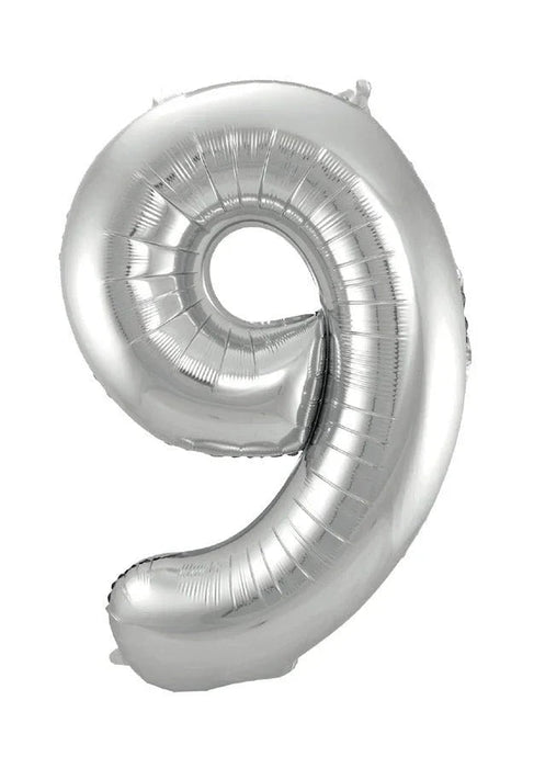Silver foil number 9 balloon with a shiny metallic finish and ribbed texture, displayed against a white background.