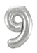 Silver foil number 9 balloon with a shiny metallic finish and ribbed texture, displayed against a white background.