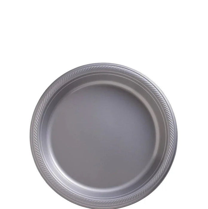Gray plastic disposable plate with a ridged rim and shallow well, shown from above against a white background.