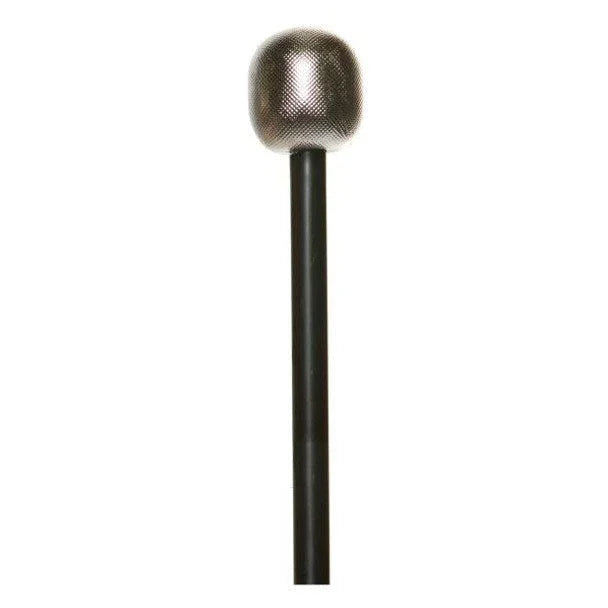 Silver mesh microphone head on a black handle, approximately 10.5 inches tall.