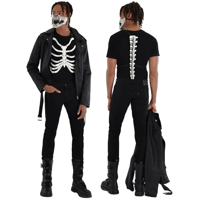 Front and back views of a skeleton costume set including a black t-shirt with white ribcage print, matching face mask with teeth design, black leather jacket, black cargo pants with straps, and black lace-up boots.