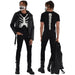 Front and back views of a skeleton costume set including a black t-shirt with white ribcage print, matching face mask with teeth design, black leather jacket, black cargo pants with straps, and black lace-up boots.