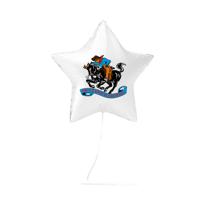 White star-shaped mylar balloon featuring a cowboy on a bucking horse with "Skyline Raiders" text in blue ribbon banner at the bottom.