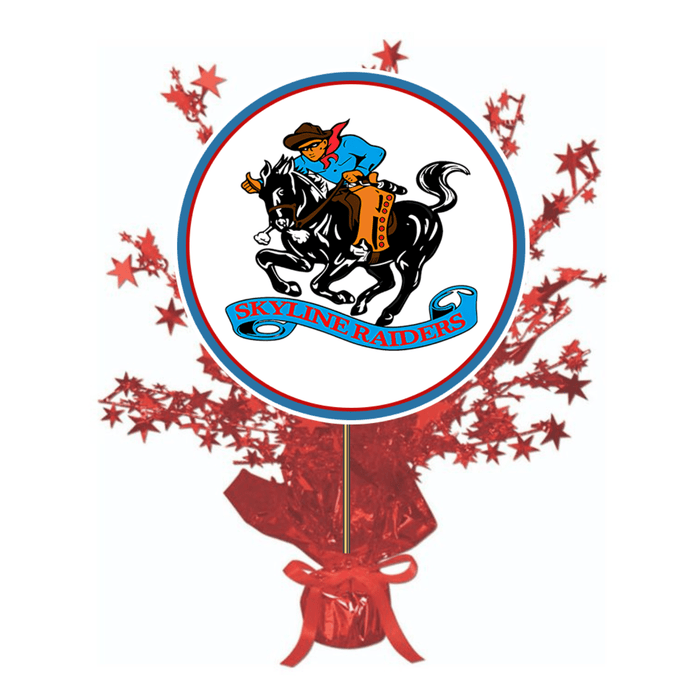 Skyline Raiders logo centerpiece featuring a cowboy on a black horse with a blue circle border, surrounded by red stars and a red ribbon bow at the base.