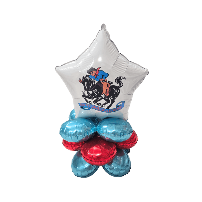 White star-shaped foil balloon with cowboy on bucking horse illustration sits atop a cluster of turquoise and red metallic round balloons arranged as a decorative quad display.