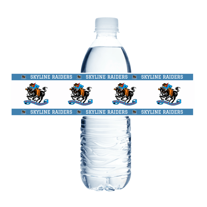 Two plastic water bottles wrapped with blue Skyline Raiders labels featuring a bucking horse logo and team name repeated across the label.