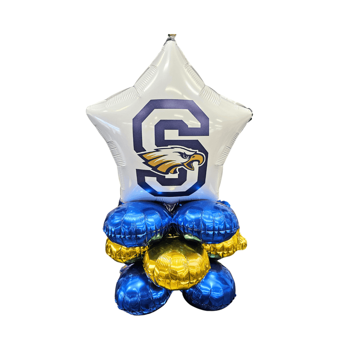 Balloon bouquet with star-shaped balloon featuring a logo and smaller blue and gold balloons on a white background