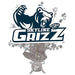 Navy blue Skyline Grizz logo centerpiece featuring a roaring bear mascot and silver star bursts on a clear cellophane base with ribbon bow.