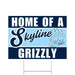 Navy and light blue striped yard sign reading "Home of a Skyline Grizzly" with a bear paw graphic and standing on two gray metal stakes.