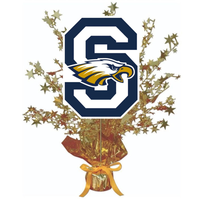 Navy blue letter S with gold eagle emblem and gold star spray arrangement tied with yellow ribbon on white background.