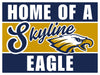 Navy and gold rectangular yard sign featuring "Home of a Skyline Eagle" text with an eagle mascot logo in the center.