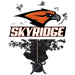 Skyridge High School centerpiece spray featuring an orange and black eagle head logo above the text "SKYRIDGE," with black star bursts erupting from a black wrapped base tied with a ribbon.