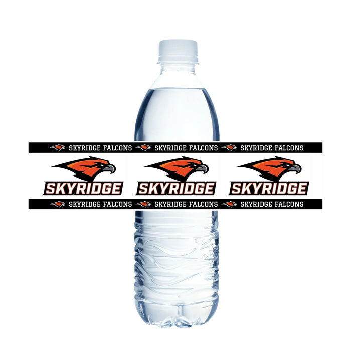 Water bottle with black and white bands wrapped around the middle displaying orange Skyridge Falcons logos and "SKYRIDGE" text in italics.