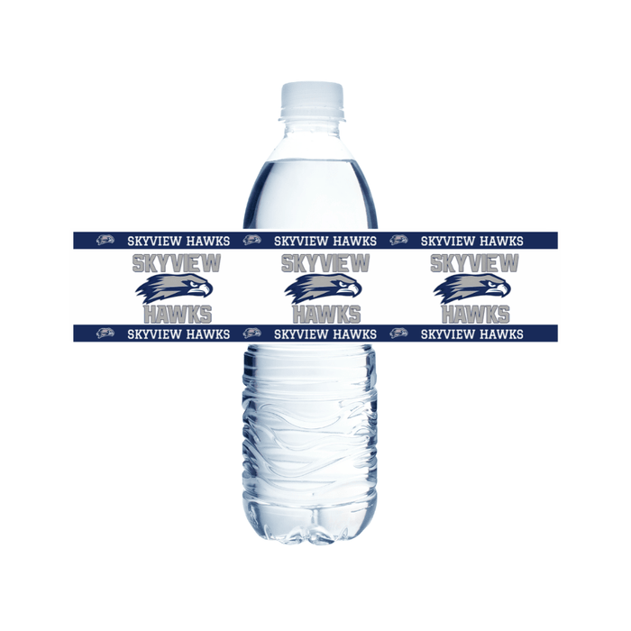Two clear plastic water bottles with Skyview Hawks logos and navy blue team name bands wrapped around the middle section.