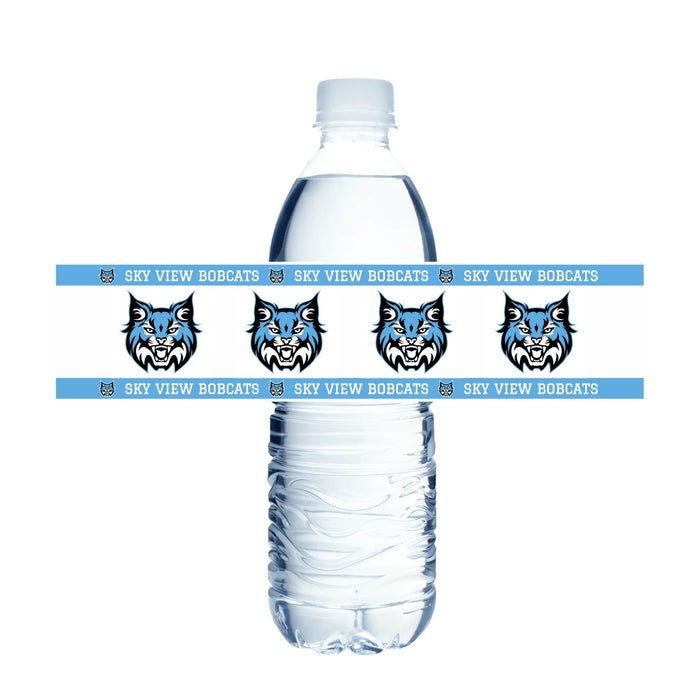 Clear plastic water bottle with blue and white Sky View Bobcats logo bands wrapped around the middle, featuring repeating bobcat head mascots and text on horizontal stripes.
