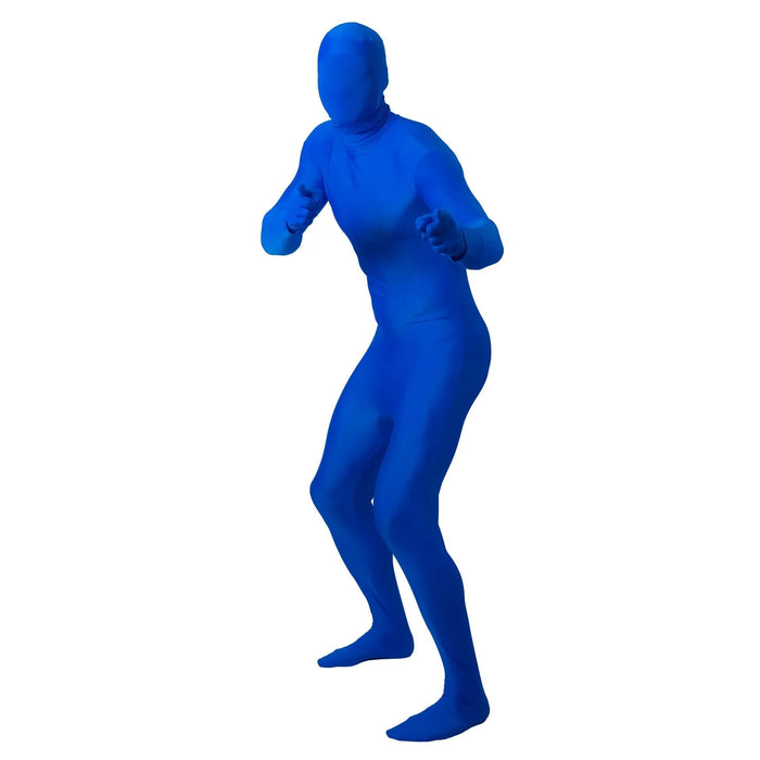 Bright blue full-body spandex suit covering the entire body from neck to feet, displayed on a featureless mannequin against a white background.