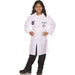 Child wearing a white lab coat with embroidered rocket and scientific icons over black pants and boots.