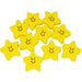 Twelve yellow star-shaped erasers with smiling faces arranged in a circular pattern.