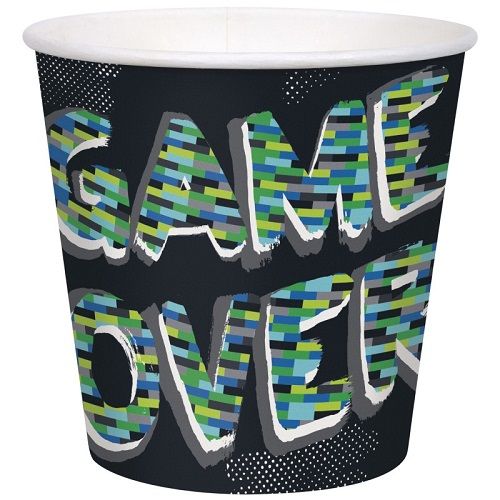 Black disposable cup with colorful pixelated "GAME OVER" text in green, blue, and yellow stripes with white outline and dotted corner details.
