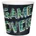 Black disposable cup with colorful pixelated "GAME OVER" text in green, blue, and yellow stripes with white outline and dotted corner details.