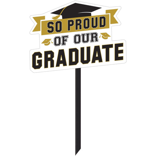 So Proud of Our Graduate Plastic Yard Sign - Black & Gold, 27" x 15" | 1ct.