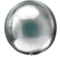 Silver metallic sphere balloon with a reflective shiny finish and slightly darker center, shown against a white background.