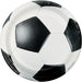 Soccer ball shaped paper plates in black and white with classic pentagon and hexagon panel design, shown as a stack of eight disposable plates.