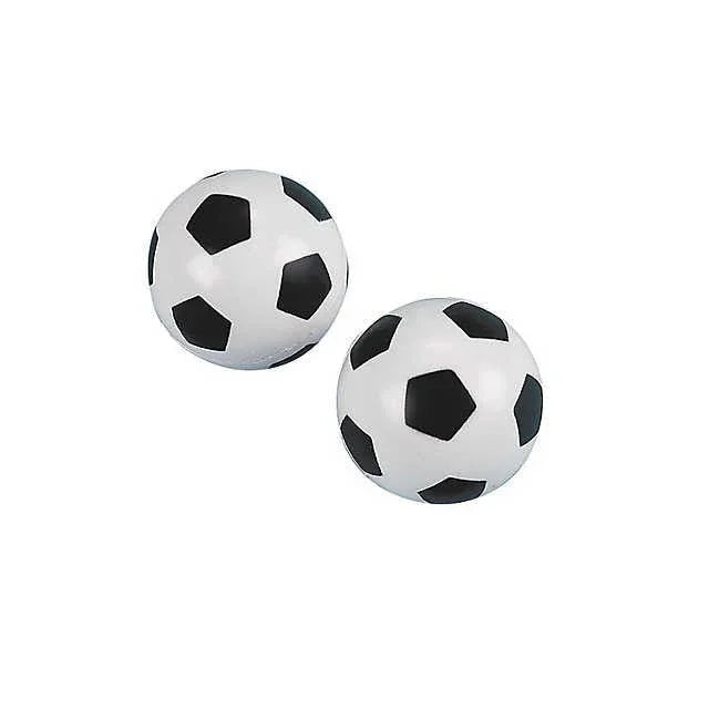 Two small white and black soccer ball pattern bouncy balls displayed against a white background.