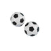 Two small white and black soccer ball pattern bouncy balls displayed against a white background.