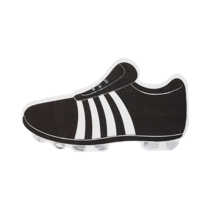 Black and white soccer shoe-shaped paper napkin with white stripes across the side and cleats on the sole.