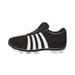 Black and white soccer shoe-shaped paper napkin with white stripes across the side and cleats on the sole.