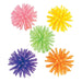 Five colorful spiky rubber balls in pink, yellow, green, purple, and orange arranged in a circular pattern on white background.