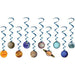 Ten hanging planet decorations with spiral blue strings featuring the sun, Mercury, Venus, Earth, Mars, Jupiter, Saturn, Uranus, Neptune, and a comet.