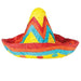 Colorful sombrero piñata featuring a yellow crown, red and orange bands, blue triangular sections, and a wide brim decorated with red and blue accents.