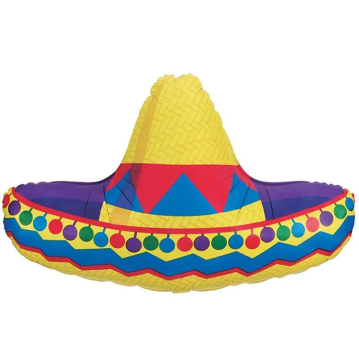 Colorful oversized sombrero-shaped foil balloon with a yellow crown, red band, blue triangular designs, purple brim, and decorative yellow and multicolored polka dot trim.