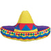 Colorful oversized sombrero-shaped foil balloon with a yellow crown, red band, blue triangular designs, purple brim, and decorative yellow and multicolored polka dot trim.
