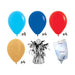 Bright balloon bouquet product kit image showing 5 bright blue latex balloons, 4 royal blue latex balloons, 4 red latex balloons, 4 gold latex balloons, a matching balloon weight, and a balloon transport bag.