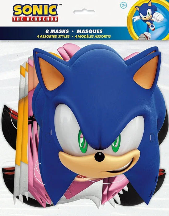 Eight assorted Sonic the Hedgehog paper masks in various character designs, including blue masks with orange ears and green eyes, displayed in packaging showing the front mask prominently.