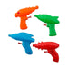 Four colorful plastic water guns in orange, green, blue, and red with trigger handles and small red pump mechanisms arranged on a white background.