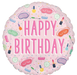 Round pink mylar balloon with "Happy Birthday" in large magenta letters surrounded by spa-themed icons including sleep masks, makeup brushes, nail polish, cucumbers, and cosmetic items in pastel colors.