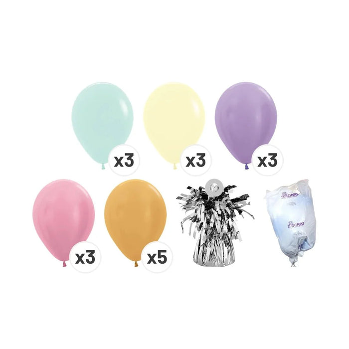 Pastel balloon bouquet product kit image showing 3 mint latex balloons, 3 pastel yellow latex balloons, 3 lavender latex balloons, 3 pink latex balloons, 5 gold latex balloons, a matching balloon weight, and a balloon transport bag.