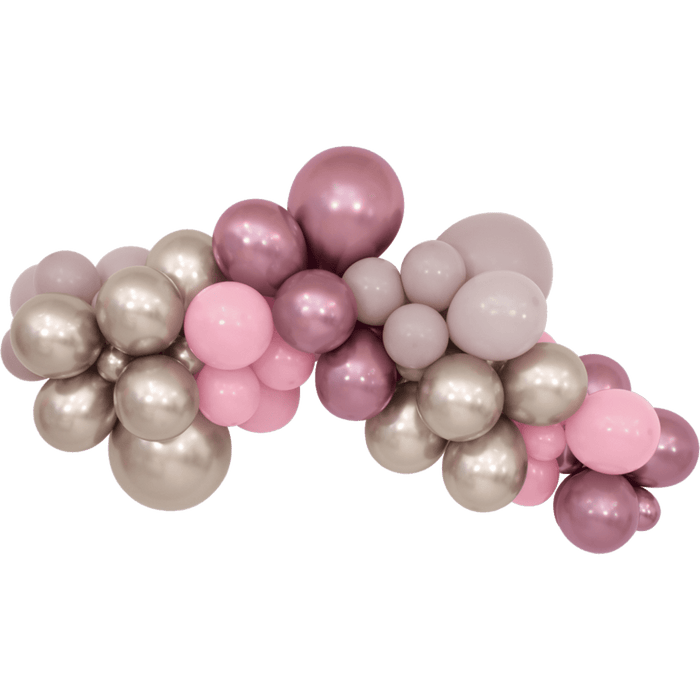 Cluster of spherical balloons in varying sizes featuring champagne, mauve, dusty rose, light pink, and soft taupe hues with metallic and matte finishes.