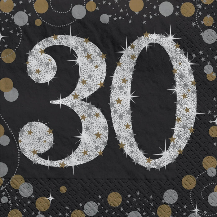 Large silver glittery numbers "30" decorated with gold and silver stars on black background with gold, silver, and tan circles and stars around the border.