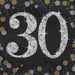 Large silver glittery numbers "30" decorated with gold and silver stars on black background with gold, silver, and tan circles and stars around the border.