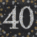 Sparkling silver and gold "40" numbers on black napkins with decorative stars, circles, and dotted patterns throughout the design.