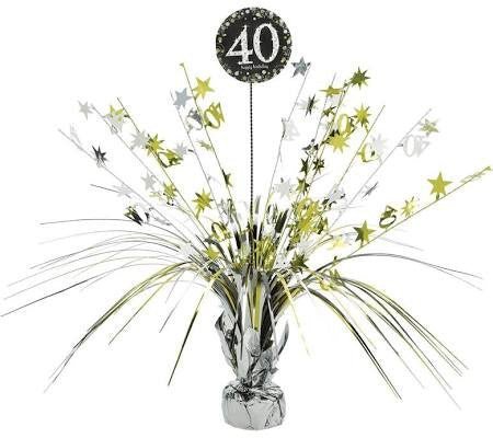 Black and silver foil balloon centerpiece with gold and silver star bursts radiating upward from a clear vase base, featuring a black "40" medallion at the top.