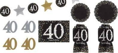 Assorted 40th birthday decorations including black and gold glitter circles, star shapes, numbered cutouts, and "Happy 40 Birthday" banners arranged on a white background.