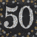 Black cocktail napkins featuring a large sparkling silver "50" with gold and silver stars, surrounded by decorative gold and silver circles and dotted garland patterns.
