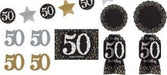 Black and gold 50th birthday decoration set including metallic numbers, stars, circles, and "50 Birthday" banners arranged on a white background.